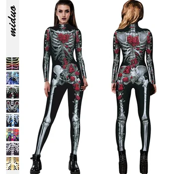 Fashion Scary Ghost Skeleton Long Sleeve Party Wear Cosplay Women Rompers One PieceJumpsuit Bodysuits Slim Halloween Costumes