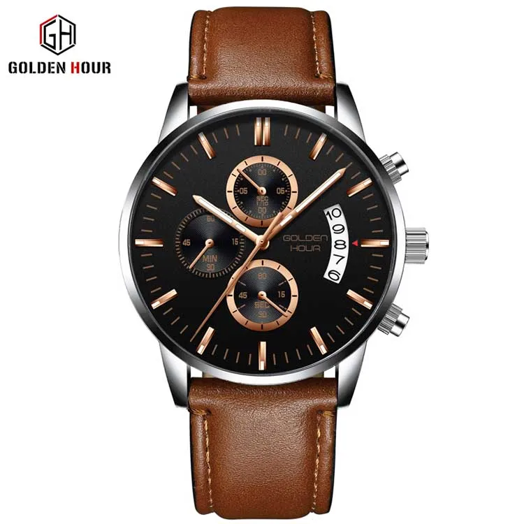 GOLDEN HOUR GH125-L fashion Brown unisex quartz watch vive PU leather band 3 dials calender Concise outdoor watch company