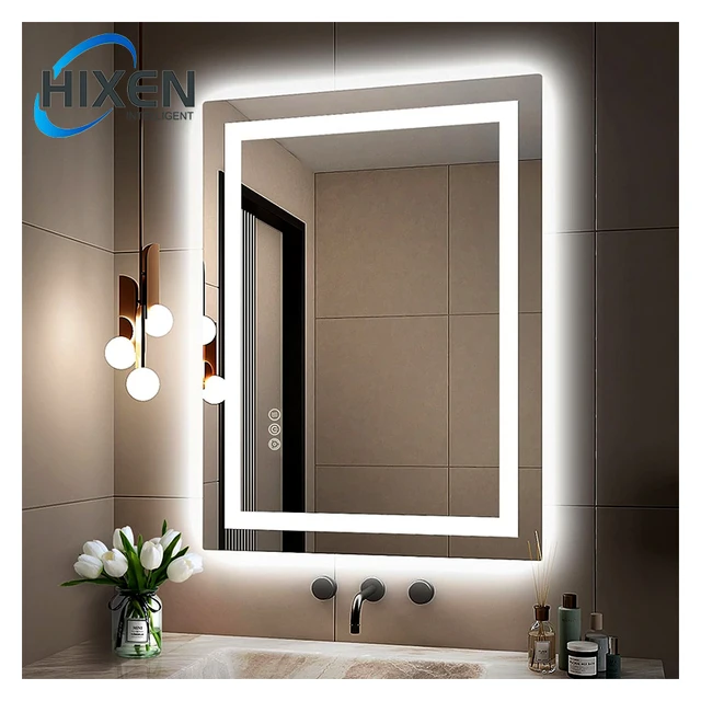 HIXEN new design rectangle touch screen frameless three-color adjustable vanity led mirror