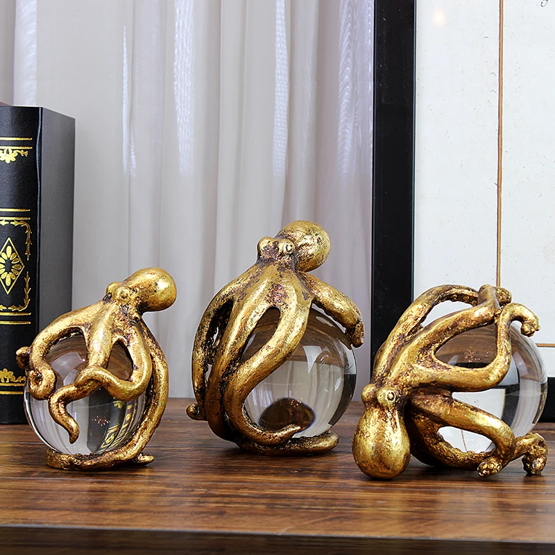 Resin Animal Sitting On Crystal Glass Ball Gold Octopus Leopard Sculpture Creative Products Home Decor details