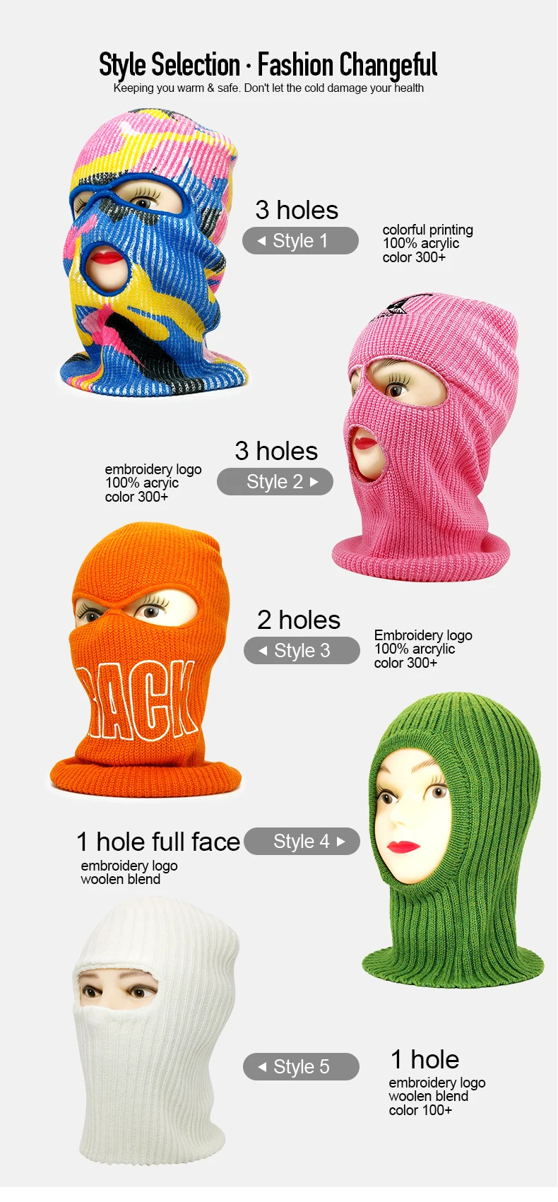 Wholesale Knitted Full Face Mask,1 2 3 Hole Custom Designer Ski Mask