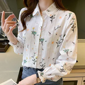 Women Lace Collar Elegant Lady's Pure Cotton Embroidered White Shirt