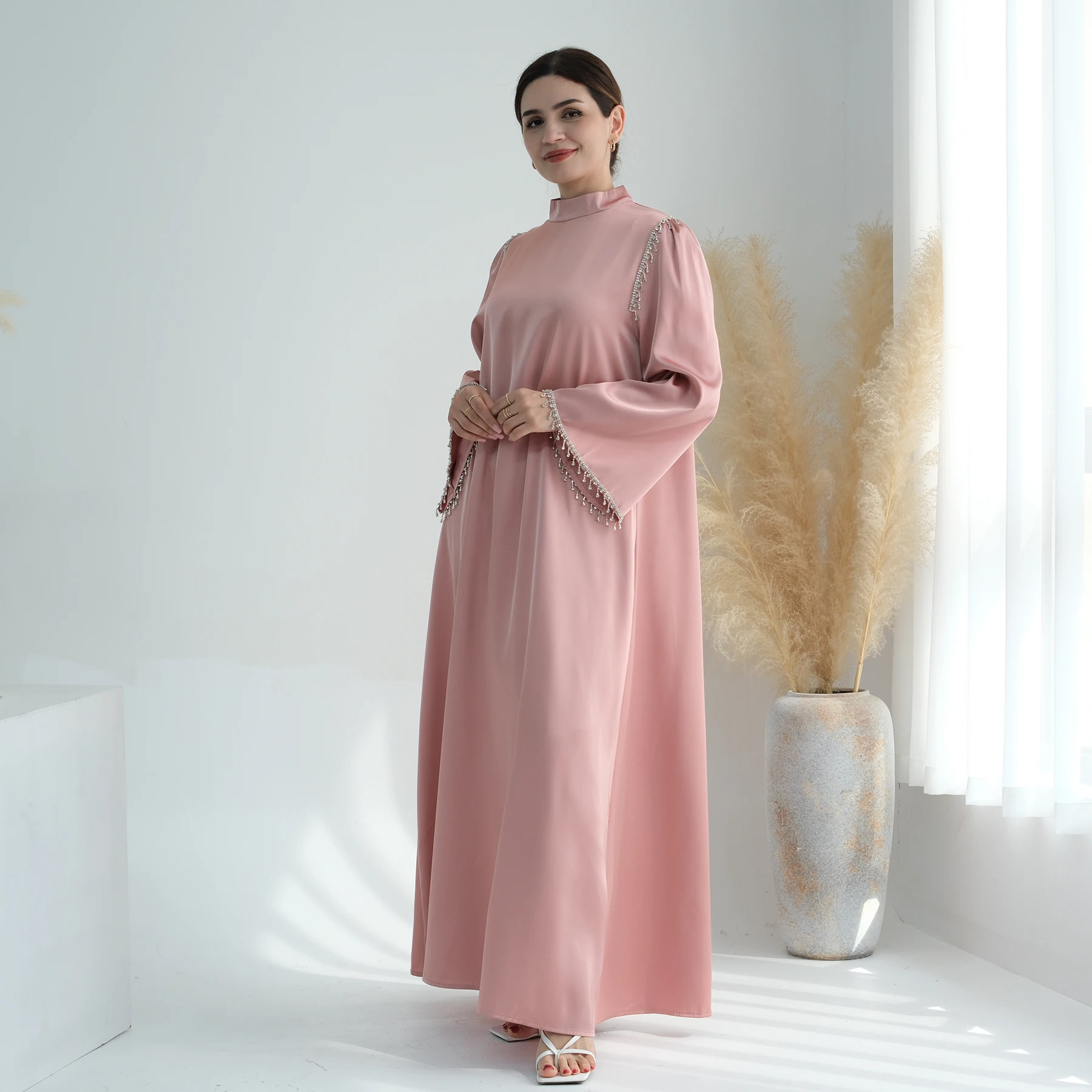 chinese dress ladies Blush Pink Rhinestone Abaya
