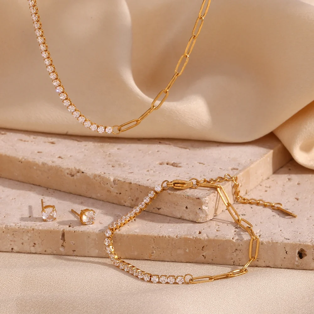 Dreamshow Shining Zircon Jewelry Paper Clip Chain Chain Necklace 18k Gold Plated Stainless Steel Jewelry Set