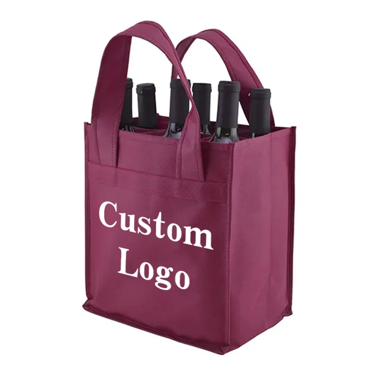 Customized Reusable 6-Pack Polypropylene Non-Woven Beer and Wine Bottle Carrier Reusable Shopping Bags for 6 Bottles