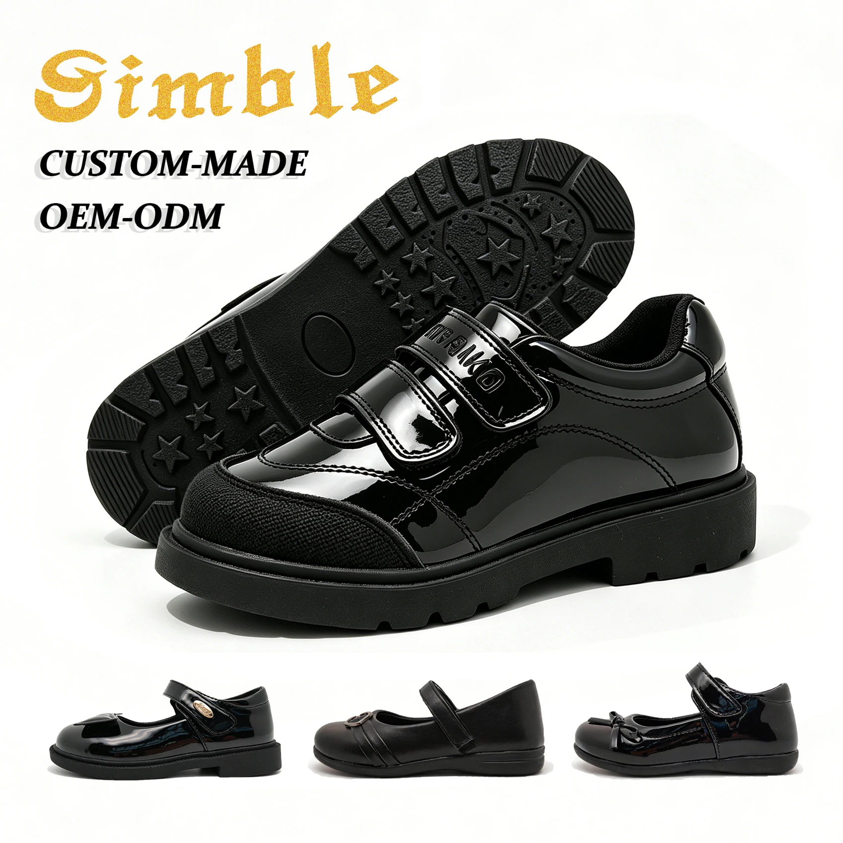 Customized Campus Kids Black School Shoes OEM Logo Hard-wearing Bright Surface PU Children Student Shoes