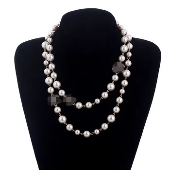 long women jewelry rhinestone pearl necklace letter CC necklace