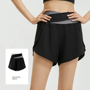 Sports Shorts Color Block Mock Two-Piece Yoga Shorts Running Fitness Wear with Naked Feel & Anti-Revealing Design Women's Shorts