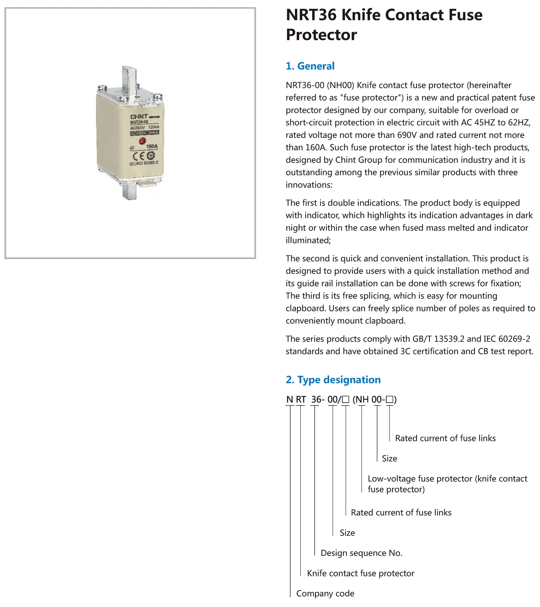 Chint original NRT36 NH00 NRT36-00 2A 4A 6A 10A 16A 20A 25A 32A 40A 50A 63A 80A 100A 125A 160A CHNT Knife Contact Fuse