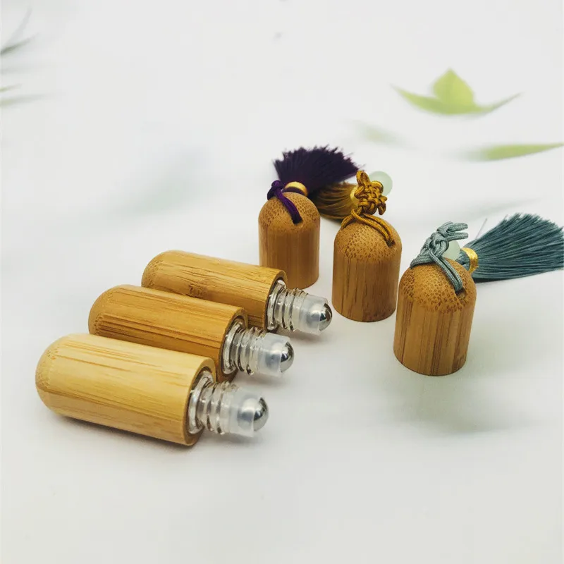 New Style 1ml 2ml 3ml 5ml Cute Refillable Bamboo Roller Bottle Essential Oil with Steel Roller Ball and Tassels