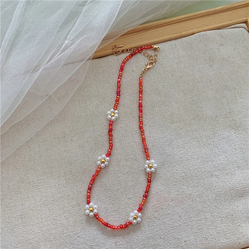 Women Beaded Necklace Daisy Acrylic Flower Boho Clavicle Korean Colorful  Jewelry