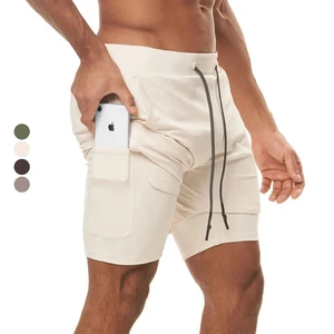New Men's Sports Breathable Five-Point Shorts Double Layer Color Matching Solid Color Towel Hanging Fitness Running
