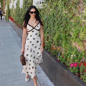 Customized Elegant Beige Print Summer Casual Mesh Dress for Women Maxi Sweet Style Natural Waistline Woven