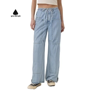 Custom Women Light Blue Striped Wide Leg Calcas Jeans Femininas Boyfriend Jeans Drawstring Waist Baggy Denim Casual Pant