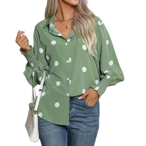 Women's Polka Dot Print Lantern Sleeve Shirt Long Blouse Top Clothing
