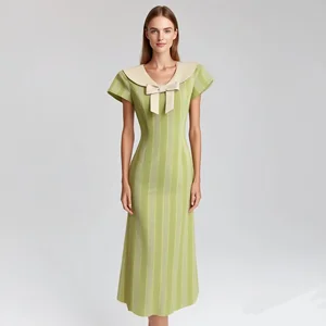 Custom Cotton Elegant Retro Dress for Women,  Vintage Style Green Striped Bowknot Slim Midi Dress