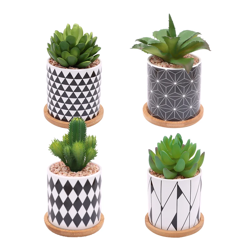 Set of 4 Artificial Cactus Lotus Plants Ceramic Pot With Bamboo Tray Real Touch Succulents Shelf Decor