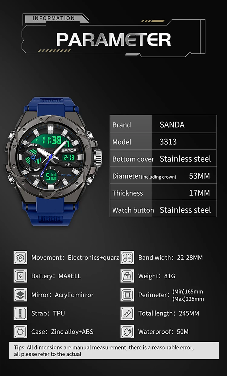 Sanda 3313 Multifunctional Outdoor Luminous Waterproof Watch For Men