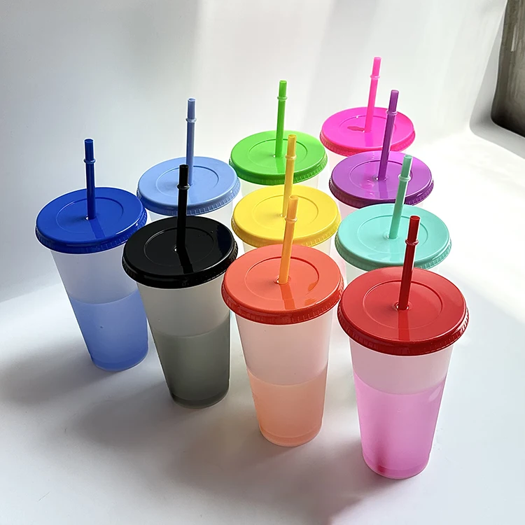 24oz Color Changing Coffee Mug, Reusable Plastic Cup with Lid & Straw,  Customizable for Daily Use Custom Logo for Gift & Office