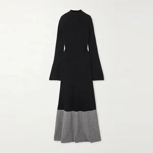 Clothing Manufacturer Custom Black Crew Neck Long Sleeve Ribbed Knit Wool Cashmere Women Sweater Dress