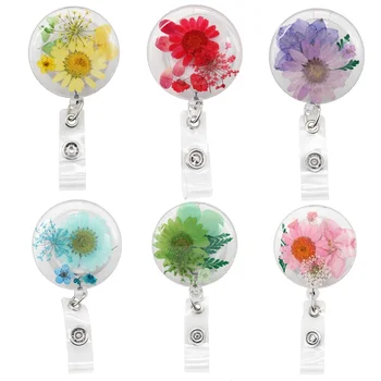 Wholesale Round Shape Dried Leaf Flower Badge Reel Pressed Floral Resin Badge Holder Hospital Work Badge Reel Nurse Accessories