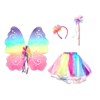 Rainbow butterfly fairy wings Headband wand and tutu set Halloween birthday costume party