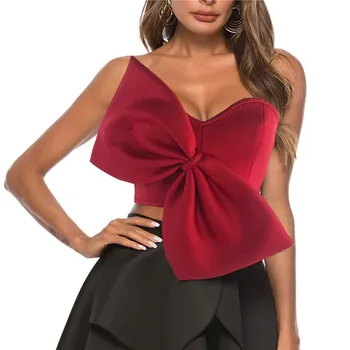 Sexy Shirts Women's Clothing Patchwork Bowknot Strapless Sleeveless Tops Casual Blouses Female Summer Style