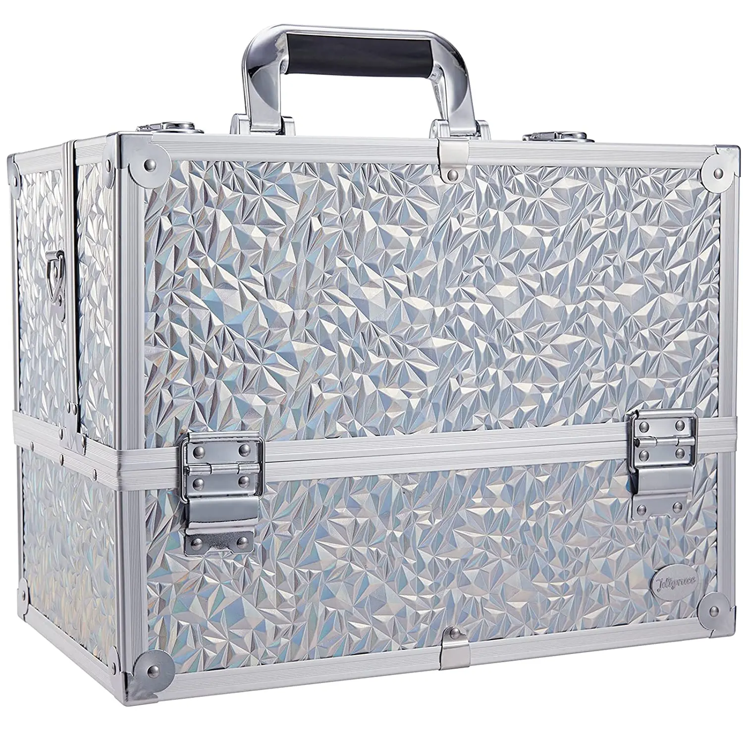 Makeup Train Case Large Tray Professional Organizer Box- Cosmetic Make up  Carrier with Lock Stylist Silver