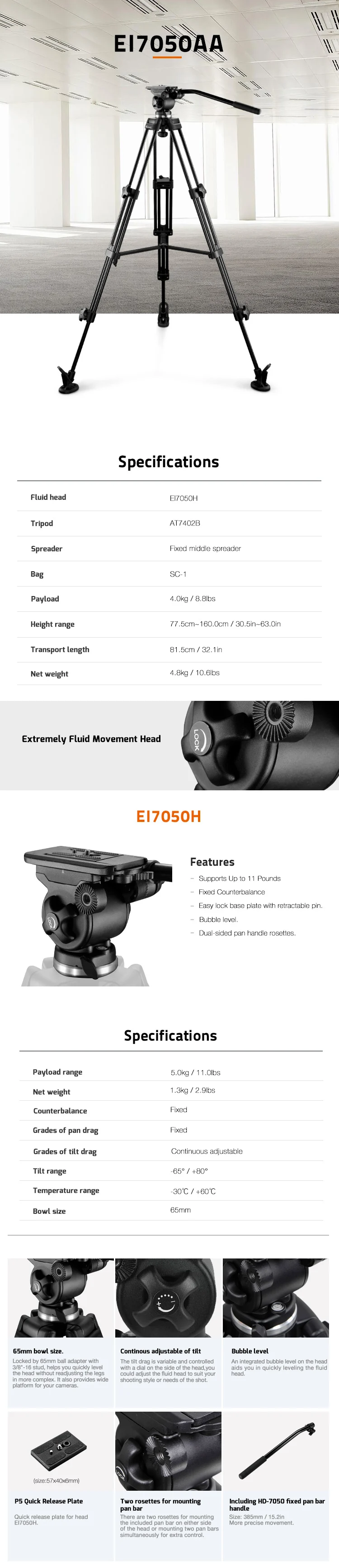 EI7050AA Tripod 65mm Bowl 7050H Fluid Head 4KG Payload AT7402B Aluminum Legs GP
