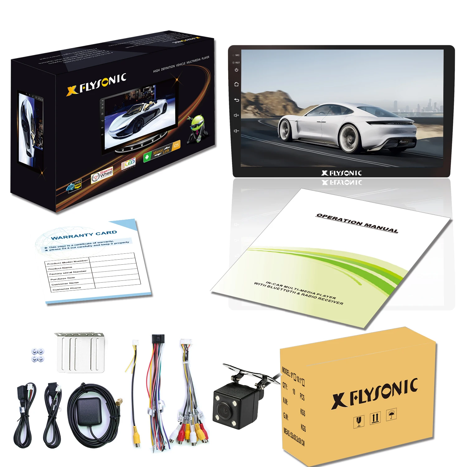 Flysonic Customized 1G+16G Memory 10.1 Inch Multi-media Double Din MP5 Player Built -in BT, GPS, Android Version 10.0  Car Video