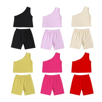 2022 Summer Children Girls Clothes Set Solid Cotton One Shoulder Tops Shirt+Biker Shorts 2-PCS Outfits Kids Boutique Clothing