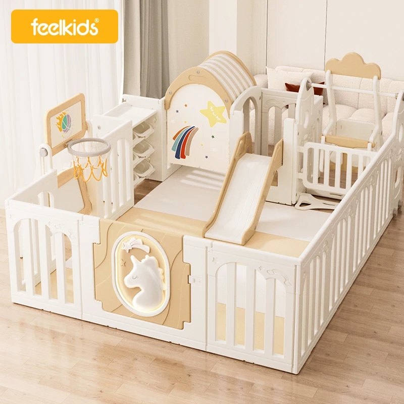 Feelkids Tianma Children Plastic square Indoor with Gate Folding Play Yard Large Acrylic Safety Fence for Baby Kids' Playpens