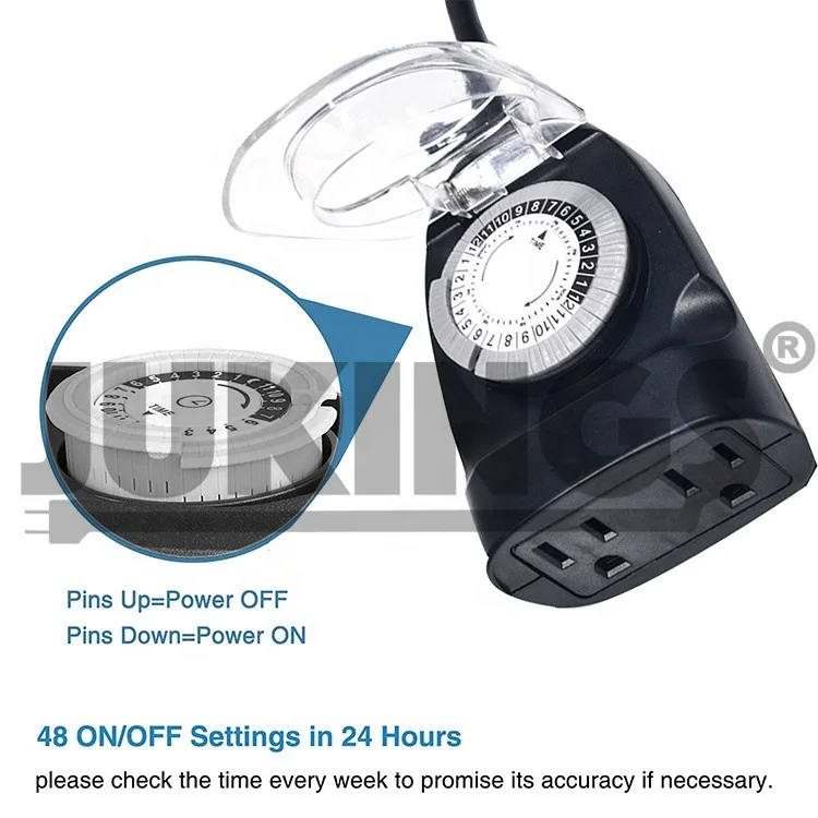 24-Hour Heavy Duty Plug-in Timer Socket Outdoor Electrical Mechanical Timer PVC 15A Rated Current 125V Rated Voltage IP54 US 5m