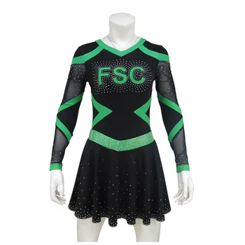 Trendy Girls Cheerleading Uniform Custom Long Top Bodysuit with Flared Skirt in Black and Green