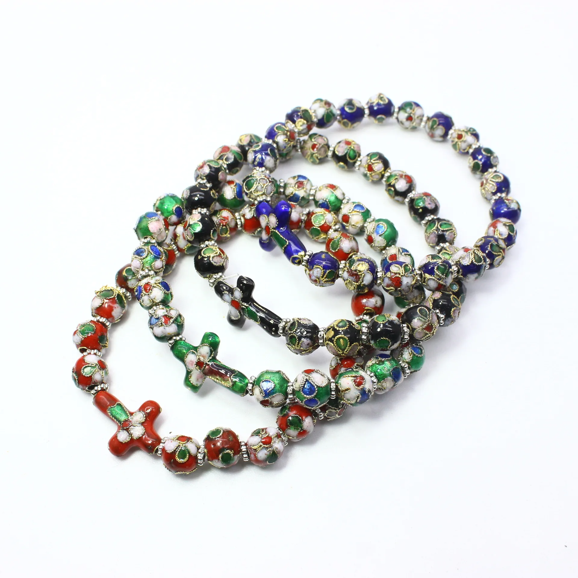 8mm Cloisonne Bead String Rosary with Cross Bracelet Gift Pure Hand Alloy Elastic String of Beads Circle Wristlet