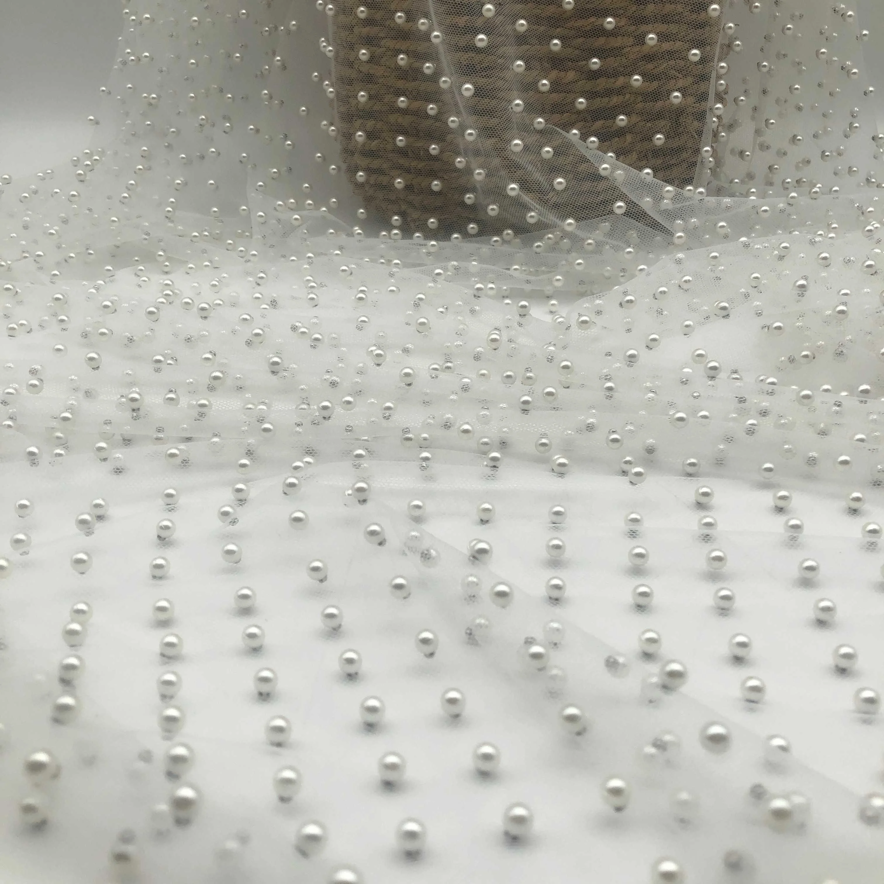 Good Quality Heavy Beaded Bridal 450Gsm Weave Tulle Manufacturer Pearl Net  Material Fabric Sequence Pearl Beaded White Lace