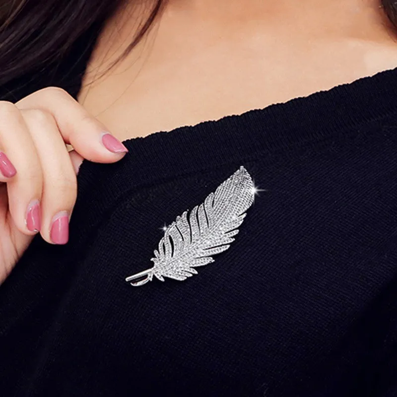 Luxury Silver Color Golden Crystal Feather Brooches for Women