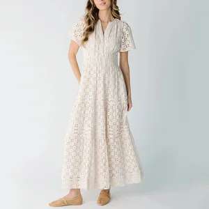 Cute Eyelet Full Length Dress Embroidered Modest Dress