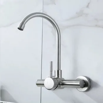 Widespread Long Spout Hot and Cold Water Tap Wall Mounted Stainless Steel Kitchen Faucet Sink Water Tap