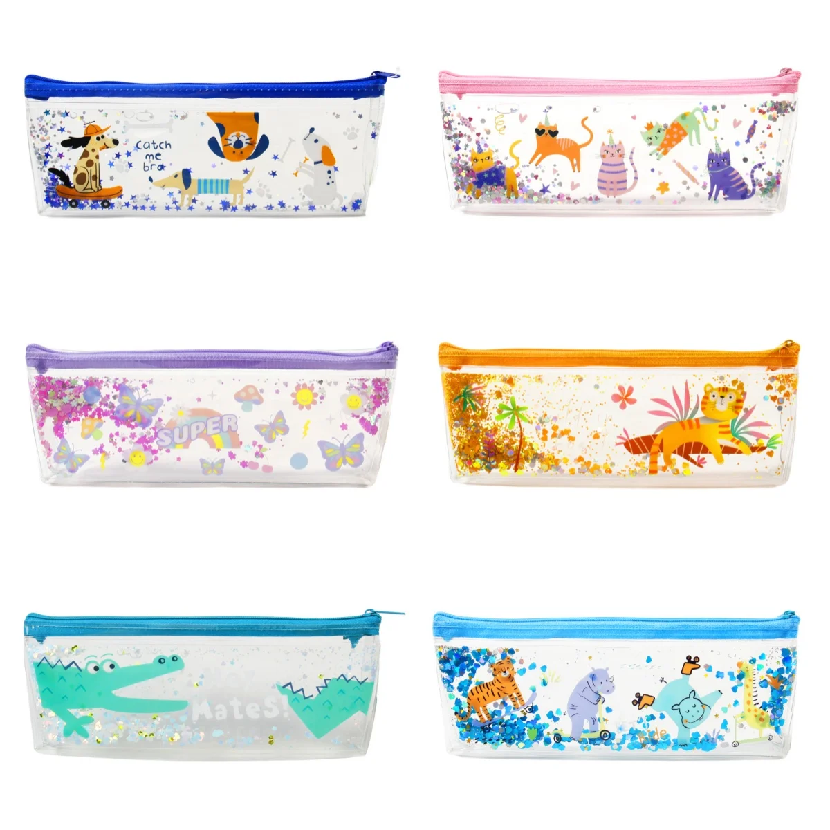 Cute Animal Design Clear PVC Pencil Case With Zipper for Kids and Students, Glitter Filled Transparent Stationery Organizer
