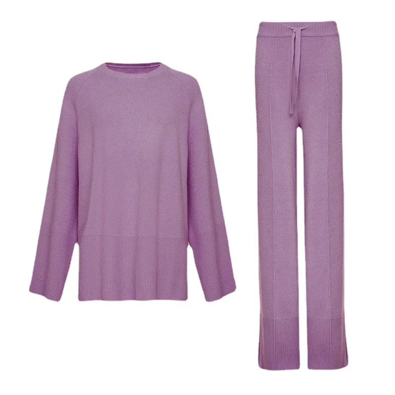 Fall Winter Luxury 2 Piece Sweater Set Solid Casual Knitwear Women Knitted Two Piece Pant Set