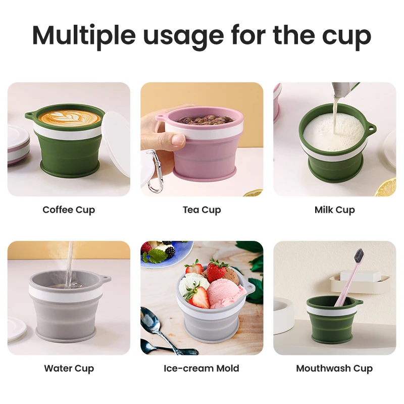 Portable Silicon Outdoor Pocket Foldable Cup Custom Reusable Collapsible Silicone Folding Travel Coffee Water Cup Mug with Lid