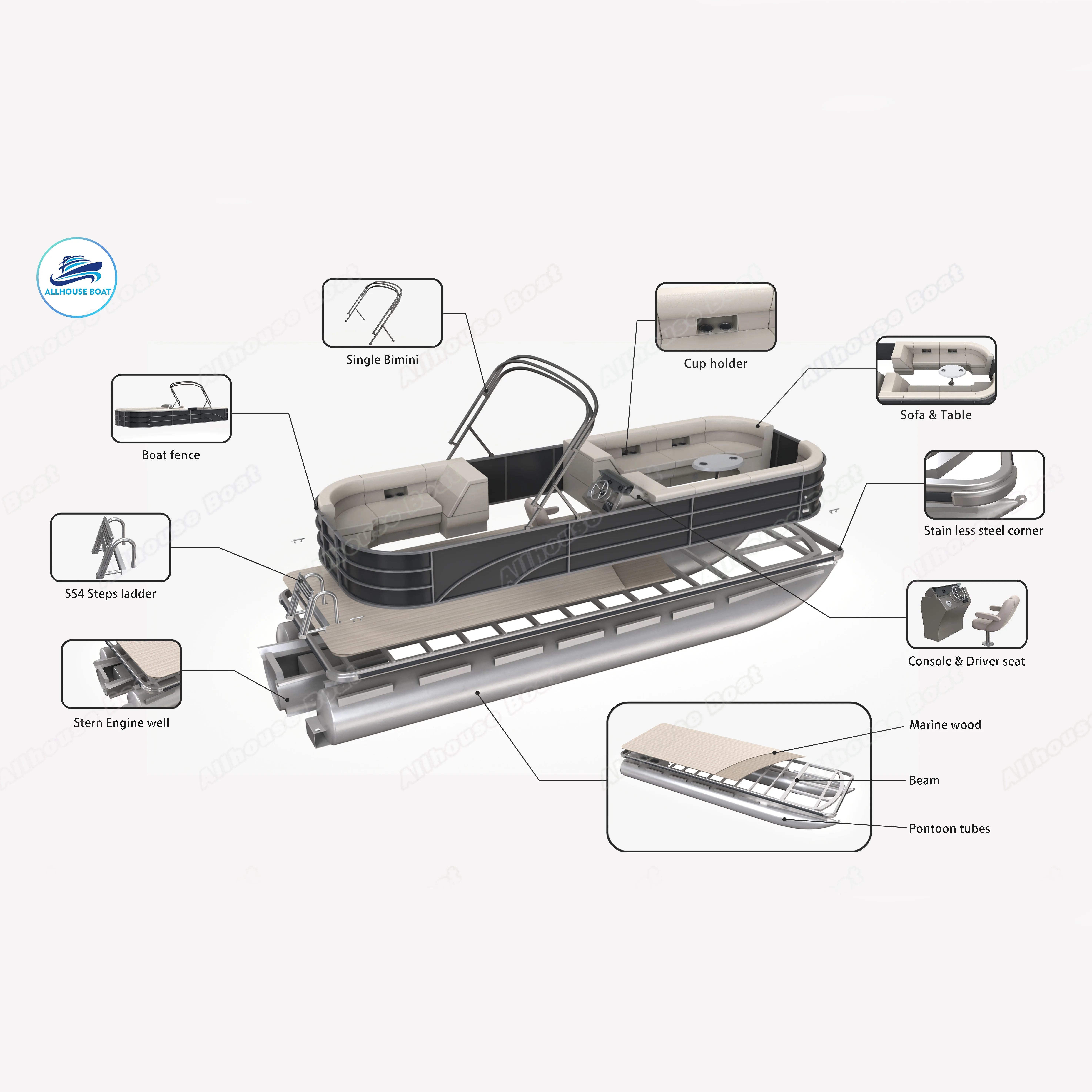 Custom Professional River Crossing Float Tube Party Luxury Aluminium Boat Pontoons Floating Pontoon Boat with Motor and Trailer
