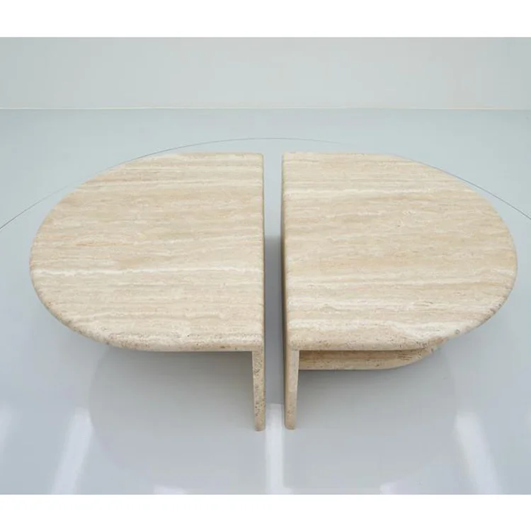 Set of Two Coffee Side Tables for Living Room  Beige Travertine Two Layers Twin Modern Coffee Table With Storage