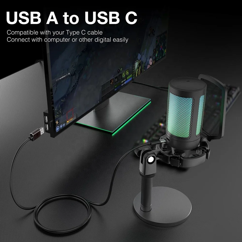 Factory Wholesale Professional Studio Recording Desktop USB Podcasting Live Stream RGB Gaming Condenser Microphone for Karaoke