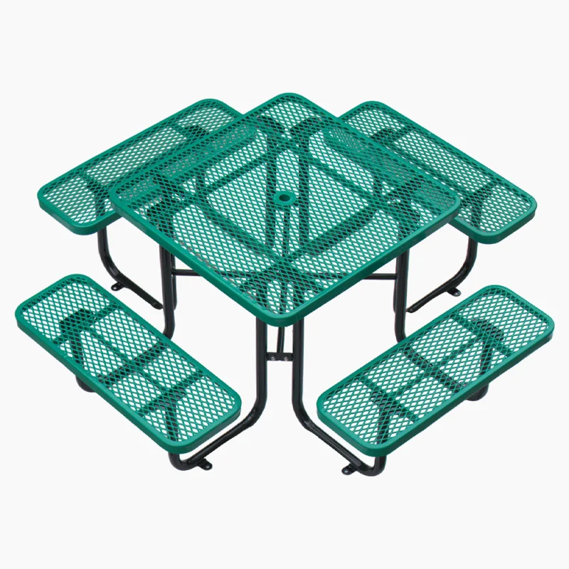 Outdoor Heavy Duty Expanded Metal Round Commercial Picnic Table with Benches Outside Patio Furniture Steel Dining Table Chair