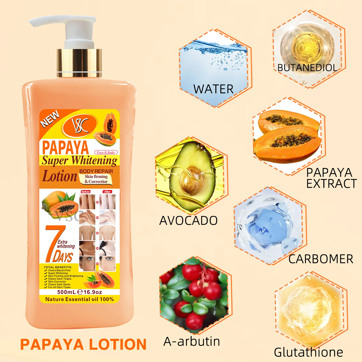 500ml Lotion 7 Days Super Skin Whitening Moisturizing Smoothing Turmeric Carrot Papaya Almond Cocoa Body Repair Body Cream