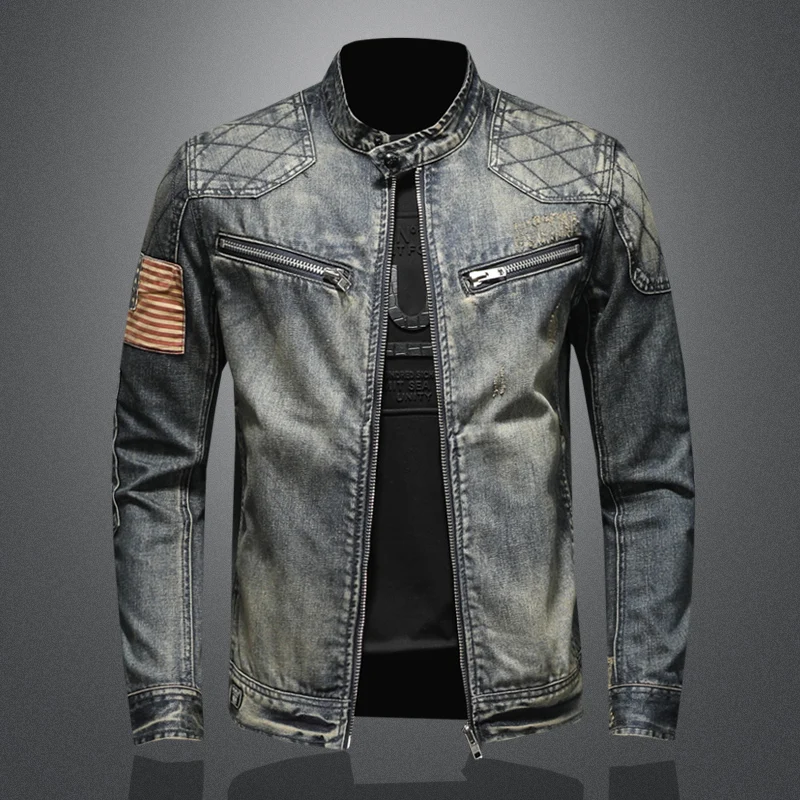 Trendy Spring Autumn Denim Tops Men's Personality Stand Collar Zipper Men Jean Jacket_voghion.com