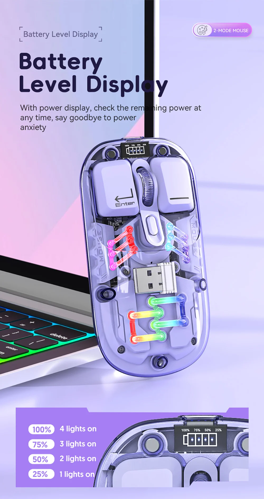 Honey Peach Wireless PC Mouse 1600DPI BT5.0 2.4G Dual Mode Connection for Computer Compatible with Windows Android Mac OS