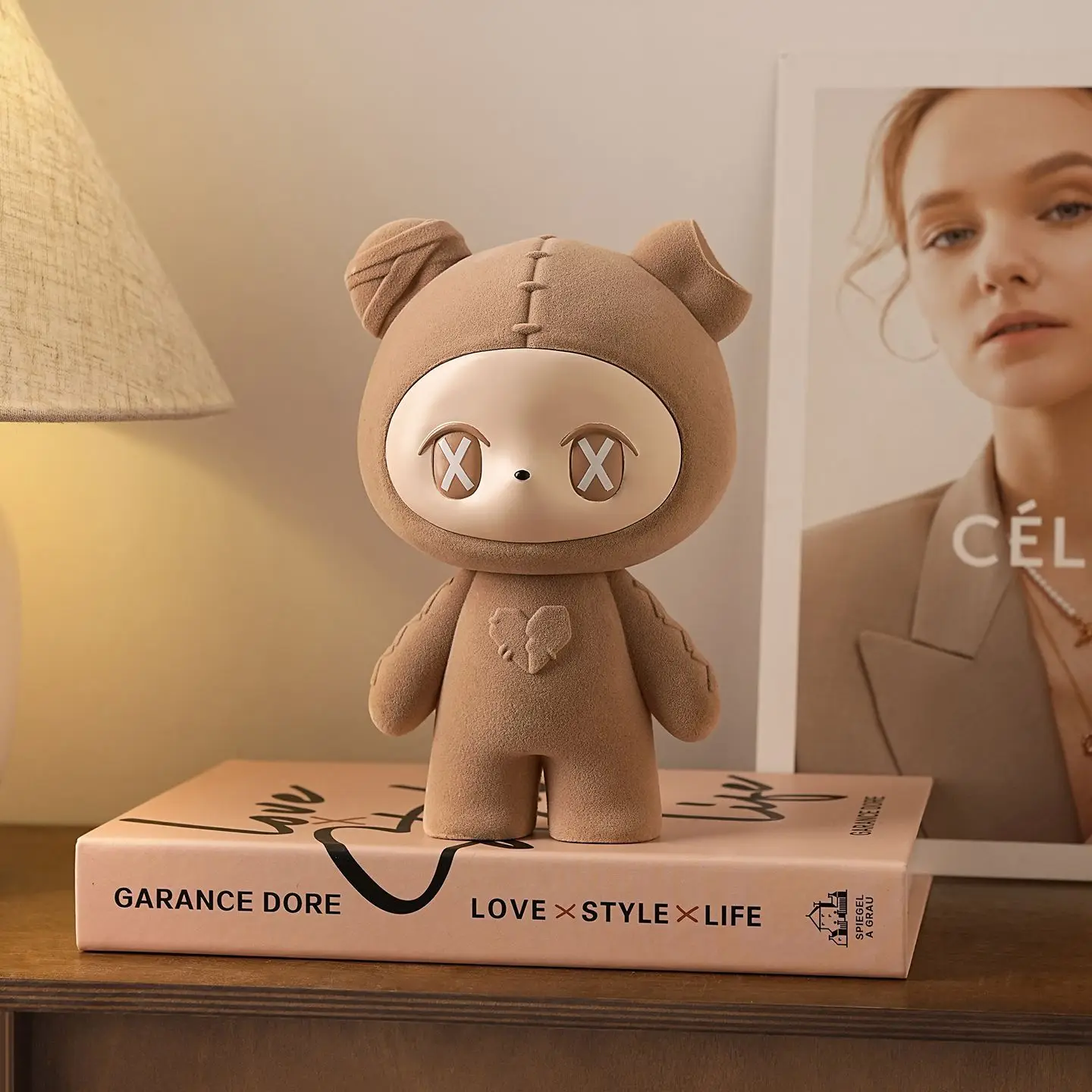 Two Cute Flocked Bear Figurines Red and Pink Tones Kawaii Style Modern Home Decor Living Room Desk Collectible Ornament Set
